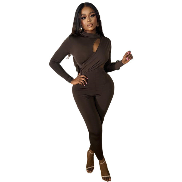 European and American Style Hollow Out Solid Color Round Neck Long Sleeve Jumpsuit Women's Fitted Fitness Romper
