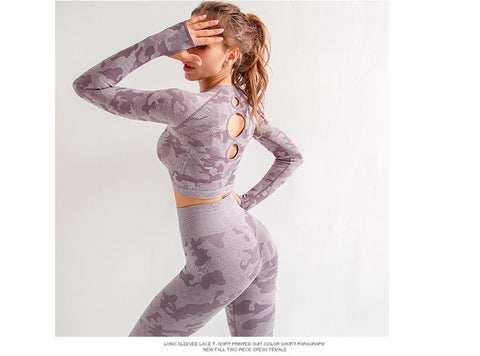 Camouflage 3-piece long sleeved bra pants sports fitness yoga peach hip lifting tight pants set