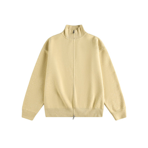 Minimalist Solid Color Double-Zip Stand Collar Casual Knit Cardigan Coat