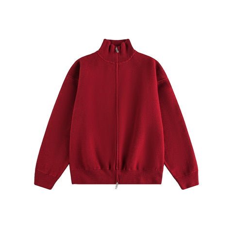 Minimalist Solid Color Double-Zip Stand Collar Casual Knit Cardigan Coat