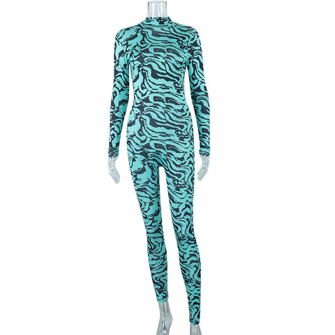European Stand Collar Fitted Jumpsuit Printed Long Sleeve One-Piece Pants Hip-Lifting High Elastic Fitness Trousers
