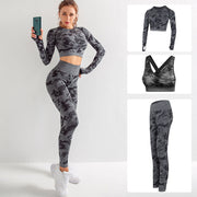 Camouflage 3-piece long sleeved bra pants sports fitness yoga peach hip lifting tight pants set