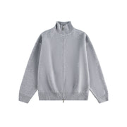 Minimalist Solid Color Double-Zip Stand Collar Casual Knit Cardigan Coat