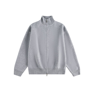 Minimalist Solid Color Double-Zip Stand Collar Casual Knit Cardigan Coat