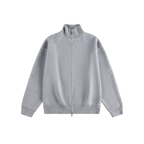 Minimalist Solid Color Double-Zip Stand Collar Casual Knit Cardigan Coat