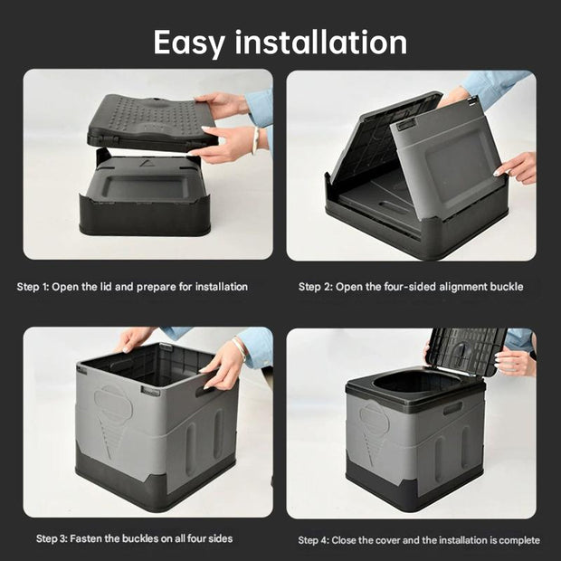 Portable folding camping toilet: adult/child use, self-contained, with lid and seat.
