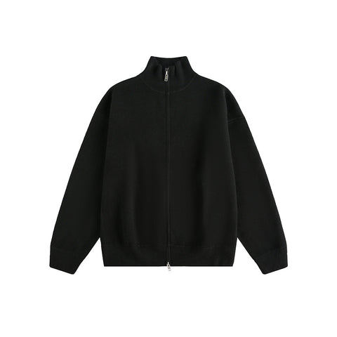 Minimalist Solid Color Double-Zip Stand Collar Casual Knit Cardigan Coat