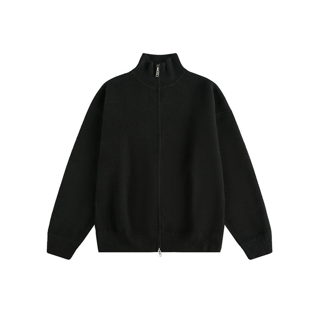 Minimalist Solid Color Double-Zip Stand Collar Casual Knit Cardigan Coat