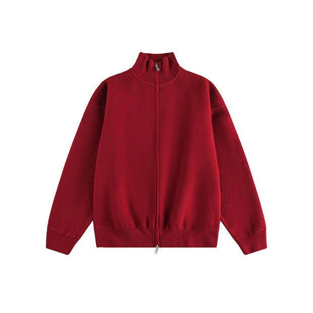 Minimalist Solid Color Double-Zip Stand Collar Casual Knit Cardigan Coat