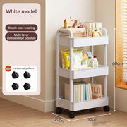 White rolling storage cart. Multifunctional, open shelves for books, ideal for kitchen & bedroom storage