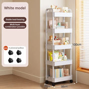 White rolling storage cart. Multifunctional, open shelves for books, ideal for kitchen & bedroom storage