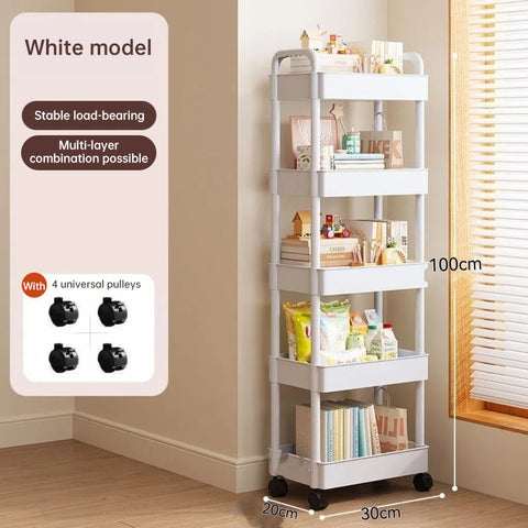 White rolling storage cart. Multifunctional, open shelves for books, ideal for kitchen & bedroom storage