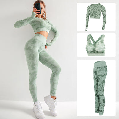 Camouflage 3-piece long sleeved bra pants sports fitness yoga peach hip lifting tight pants set