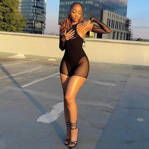 European and American Style Mesh Splicing Fitted Jumpsuit Solid Color Sexy Transparent One-Piece Pants Breathable Fitness Leggings Women's Trendy