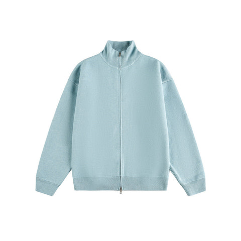 Minimalist Solid Color Double-Zip Stand Collar Casual Knit Cardigan Coat