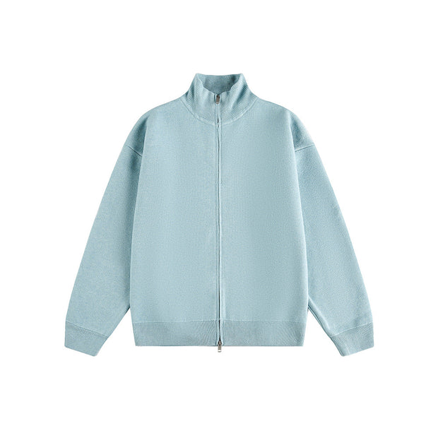 Minimalist Solid Color Double-Zip Stand Collar Casual Knit Cardigan Coat