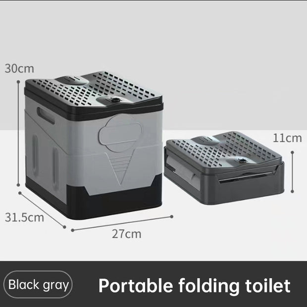 Portable folding camping toilet: adult/child use, self-contained, with lid and seat.