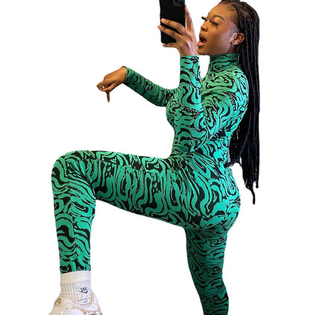 European Stand Collar Fitted Jumpsuit Printed Long Sleeve One-Piece Pants Hip-Lifting High Elastic Fitness Trousers