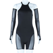 European and American Style Mesh Splicing Fitted Jumpsuit Solid Color Sexy Transparent One-Piece Pants Breathable Fitness Leggings Women's Trendy