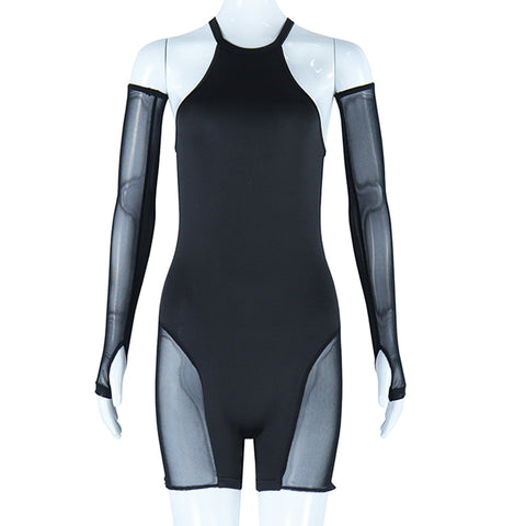 European and American Style Mesh Splicing Fitted Jumpsuit Solid Color Sexy Transparent One-Piece Pants Breathable Fitness Leggings Women's Trendy