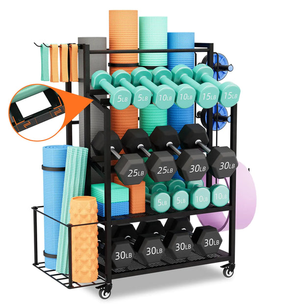 Bonvork 600LBS Dumbbell Rack Weight Stand Heavy Duty Adjustable Weight Rack for Dumbbells Home Gym Storage for Yoga Mat Foam Roller Kettlebells Workout Equipment Storage Organizer with Wheels