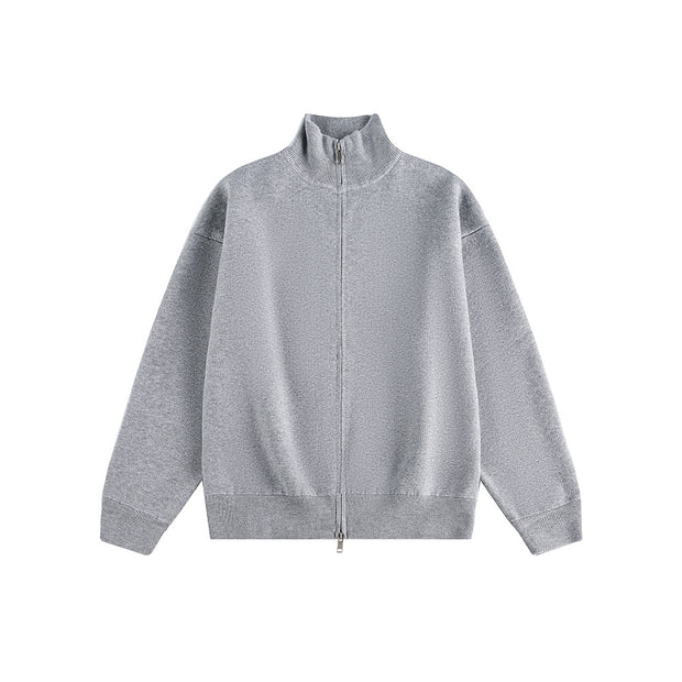 Minimalist Solid Color Double-Zip Stand Collar Casual Knit Cardigan Coat