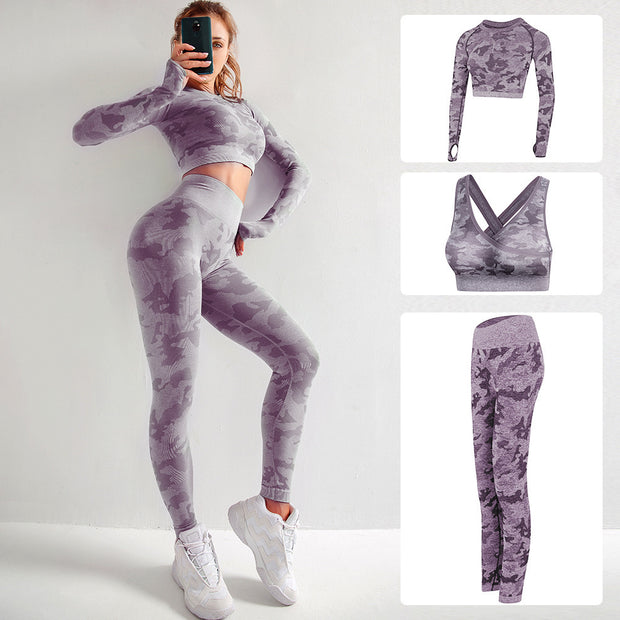 Camouflage 3-piece long sleeved bra pants sports fitness yoga peach hip lifting tight pants set