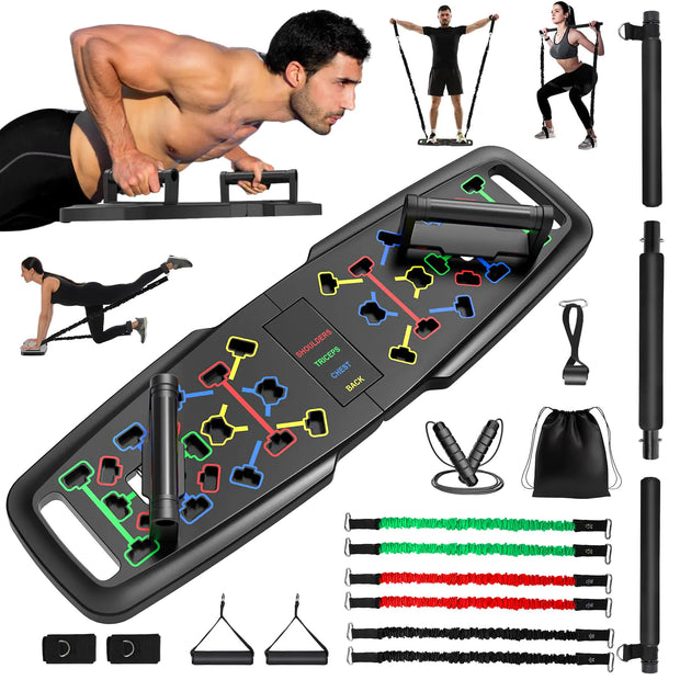 KUYOU Portable Home Gym Workout Equipment Push Up Board Pilates Bar & Fitness Accessories with Resistance Bands for Upper Body Strength Training Full Body Workout at Home