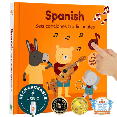 Calis Books Spanish USB C Rechargeable Musical Book | Spanish Baby Books with 6 Songs | Libros en español para Niños y Bebes | Learn Spanish for Kids | Bilingual Musical Books for Toddlers 1-3