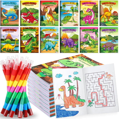 BenLouis 12 Dinosaur Mini Coloring Books Kids with 12 Stacking Crayons Dino Party Favors Small Activity Books Bulk for Kids Jurassic Party Gift Goodie Bag Stuffers